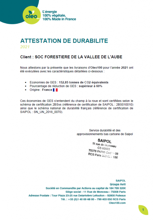 Attestation de durabilité 2021